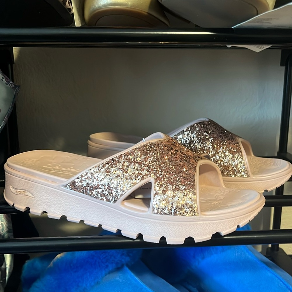 Skechers Sparkle Slide Sandals - Pink and Silver